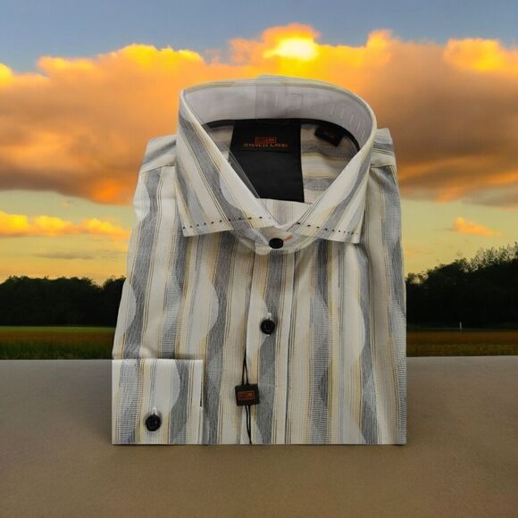MEN'S STEVEN LAND LINEAR WAVES YELLOW BROWN 100% COTTON DRESS SHIRT. DS2018. - Picture 1 of 4